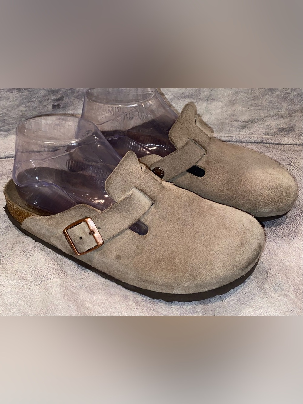 Birkenstock Boston Taupe Suede Leather Clogs Slip On Sandals Comfort Buckle 6 37